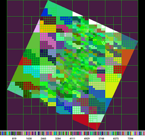 [Thumbnail image: A multi color image showing rectangular tiles with differnt colors representing the different map ID values. In regions with larger flux, the rectangles are more dense. There is a green border (region) drawn around each rectangle.]