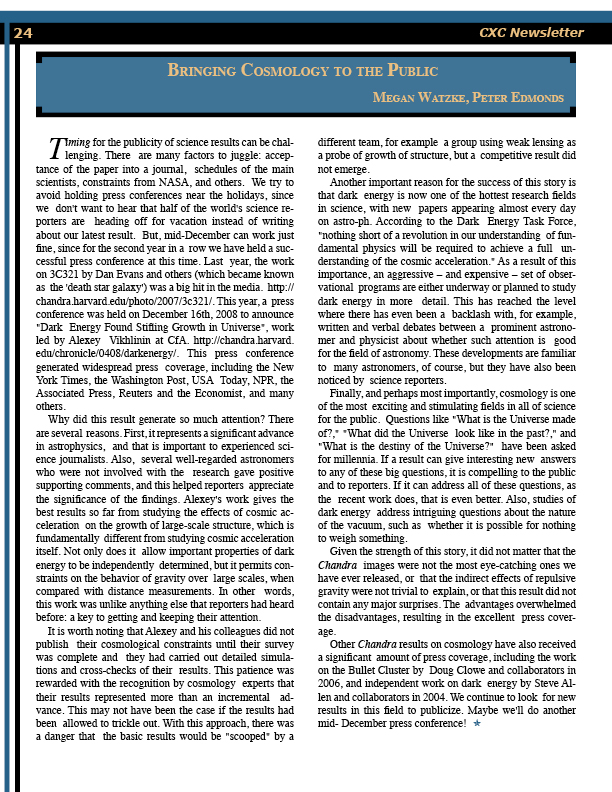 Page 24 of the Chandra Newsletter, issue 16, for text-only, please refer to http://cxc.harvard.edu/newsletters/news_16/newsletter16.html
