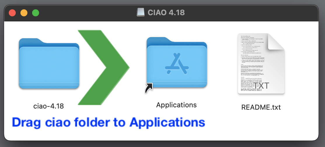 folder view with CIAO and arrow and Applications folder and readme.txt file