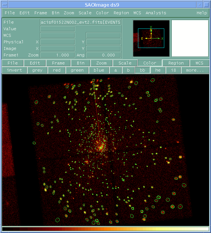 [Image 5: 
Recursive blocking with exposure map - ACIS-I detections (ObsID 1522)
]
