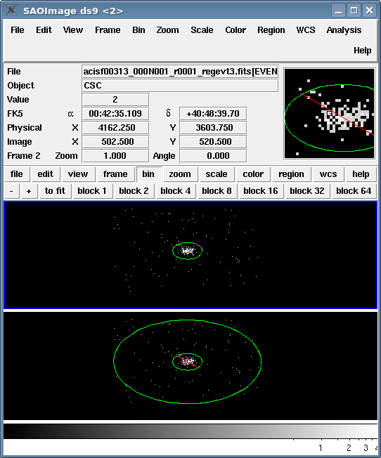 [Print media version: Source and background regions displayed on the event file in separate ds9 frames.]