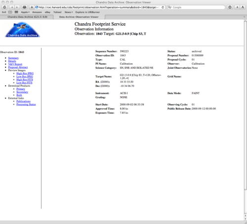 [Thumbnail image: A page of information about ObsId 1843, including links to further information.]