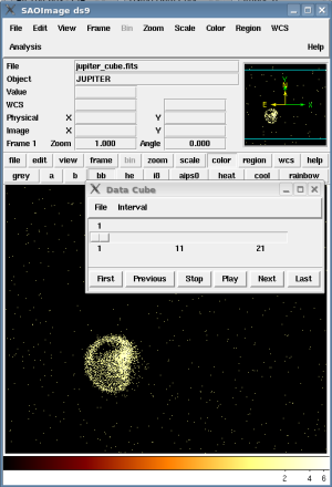 [Thumbnail image: One interval of the data cube is visible at a time when displayed in ds9. The data cube control window is also open.]