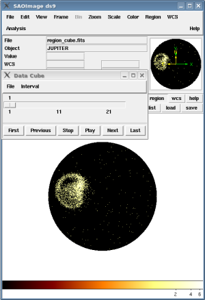 [Thumbnail image: One interval of the spatially-filtered cube looks like a circle of data in ds9. The data cube control window is also open.]