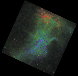 [Thumbnail image: A similar image to figure 8. There is what resembles a hand in blue/green with red/orange at the fingers. There is a brigh purple dot in the middle where the pulsar wind nebula is.]