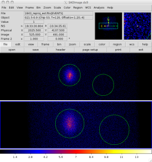 [Thumbnail image: The two event files used for spectral extraction are displayed in ds9 with the source and background regions overlaid.]