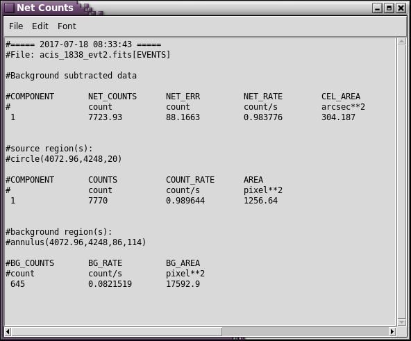 [The source region (a circle) and background region (an annulus) are overlaid on the data.]