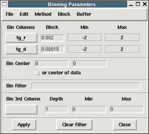 [DS9 menu settings for binning the source image and converting it to grating dispersion coordinates to provide a grating spectrum.]