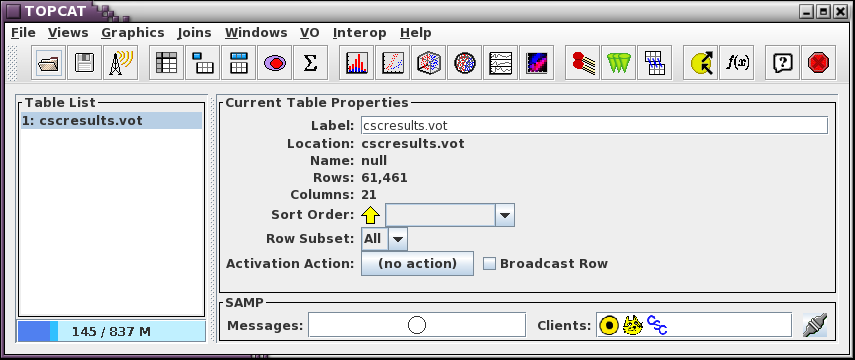 topcat main window with cscresults.vot loaded